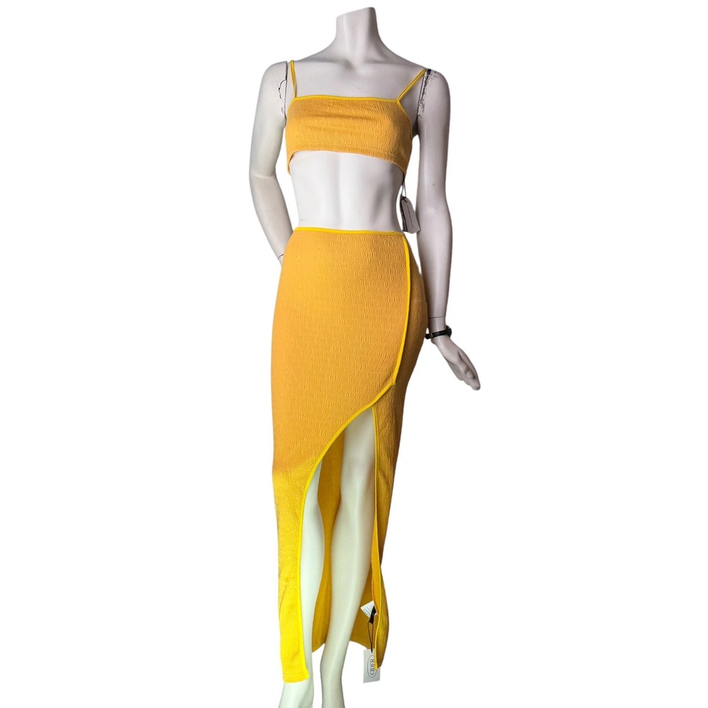 NWT Cider 2 Piece Set Crop Top Maxi Skirt High Slit Yellow Textured Dopamine S